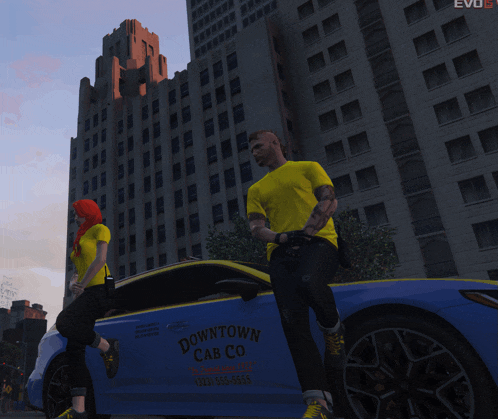 a man in a yellow shirt is standing next to a blue car that says downtown cab co.