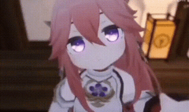 a girl with pink hair and purple eyes is standing in a room .