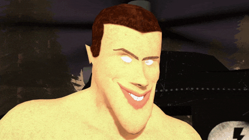 a man without a shirt is smiling with a lightning bolt behind him