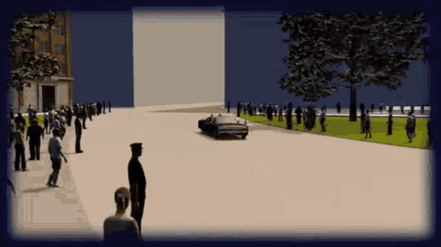 a car is driving down a street with people watching