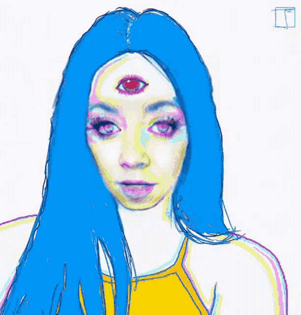 a drawing of a woman with blue hair and a red eye