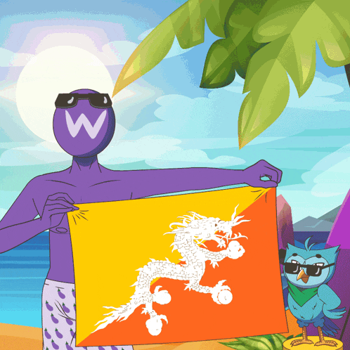 a cartoon of a person holding a flag with a dragon on it