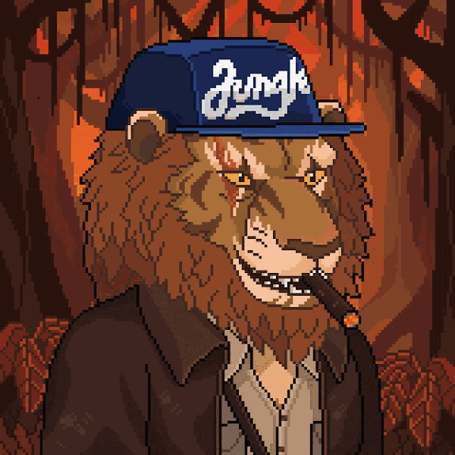 a pixel art drawing of a lion wearing a jungle hat and smoking a cigar