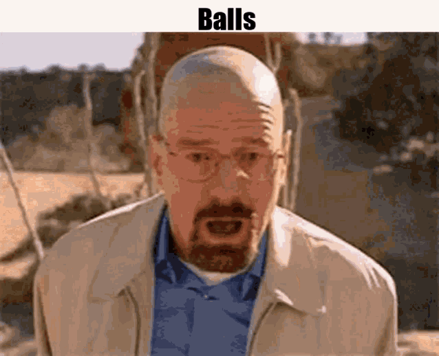 a bald man with a beard and glasses is making a funny face with his mouth open .