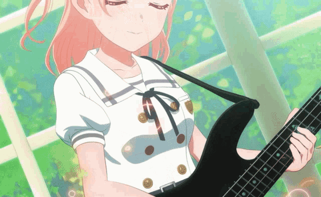 a girl with pink hair is playing a guitar in front of a window