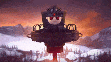 a cartoon character with red eyes and a crown on his head stands in a snowy area
