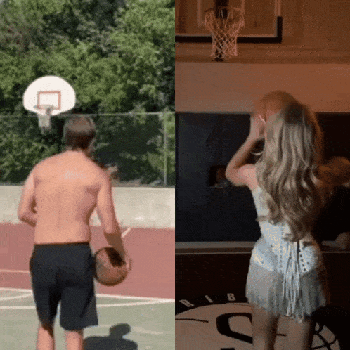 a man and a woman playing basketball on a court with the letter s on the floor