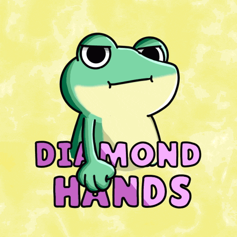 a frog is holding a diamond in its hands and the words diamond hands are below it