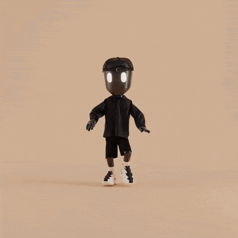 a cartoon character wearing a black shirt and white shoes has the letter e on his hat