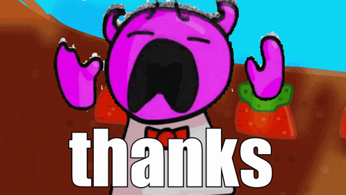 a cartoon drawing of a pink monster with the words thanks