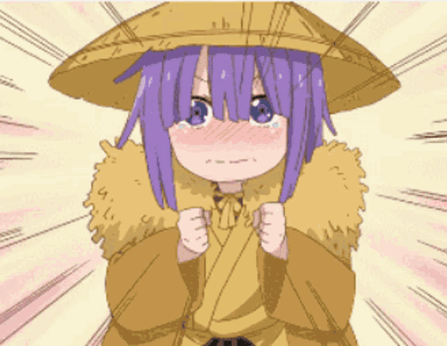 a girl with purple hair wearing a hat and a fur coat