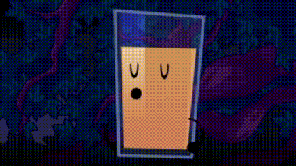 a glass of orange juice with a surprised face on it .