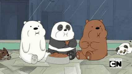 a cartoon of three bears sitting around a bowl of food with cn written on the bottom