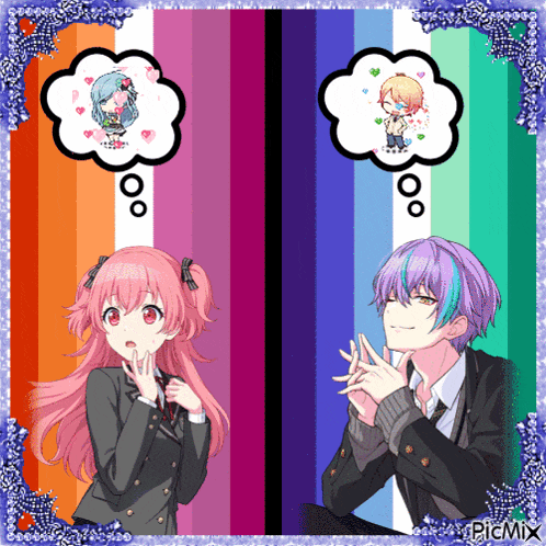 a girl with pink hair and a boy with purple hair are standing next to each other with speech bubbles above their heads