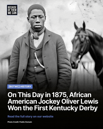 a black and white photo of an african jockey standing next to a black horse