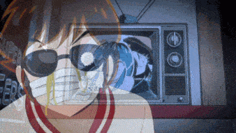 a woman wearing sunglasses and a mask stands in front of a tv screen with the word super on it