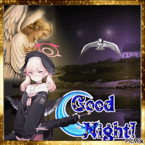 a picture of a girl and an angel with the words good night