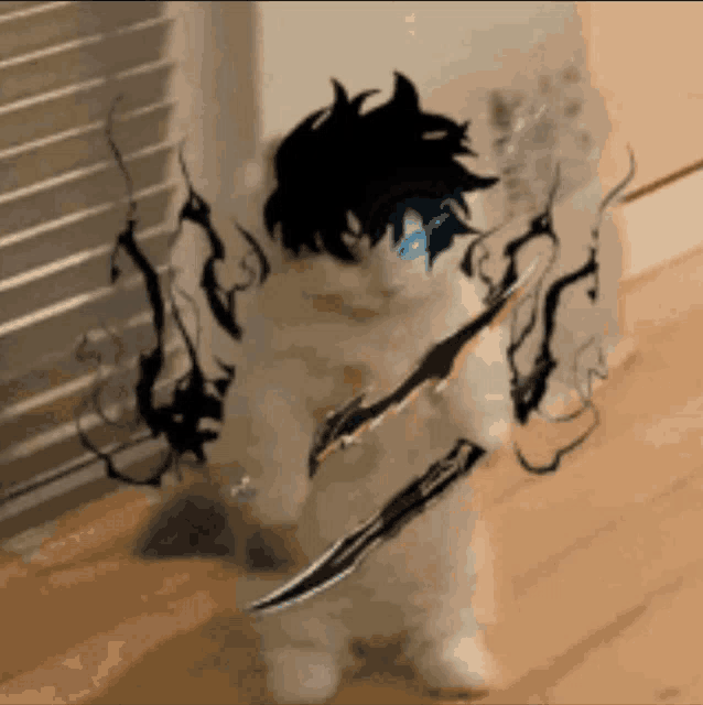 a cat with black hair is holding a large sword .