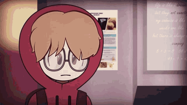 a cartoon character with glasses and a red hoodie