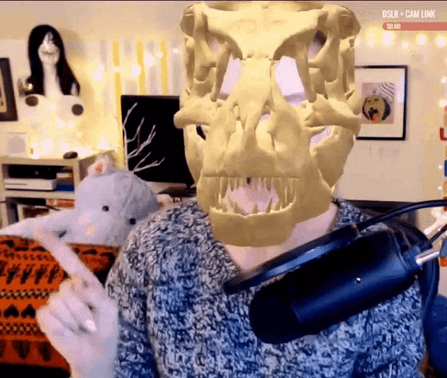a person wearing a skull mask behind a microphone with dslr + cam link at the top of the screen