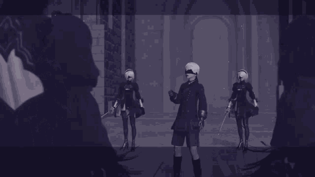 a group of robots are standing in a dark room and one of them is holding a sword