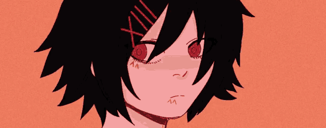 a drawing of a girl with black hair and red eyes with the letters aa on her forehead
