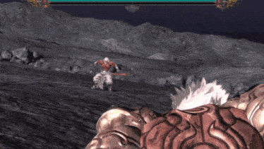 a video game screen shows a monster with white hair and a sword