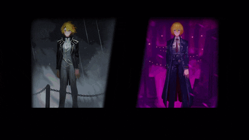 two anime characters one in a black suit and one in a purple suit are standing next to each other on a dark background