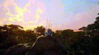 a monkey is sitting on top of a rock in the jungle at sunset
