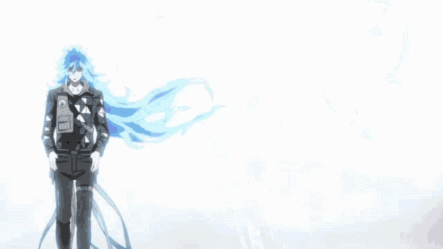 a drawing of a man with long blue hair and a jacket that has the letter o on it