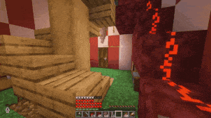 a screenshot of a minecraft game shows a staircase and a red wall