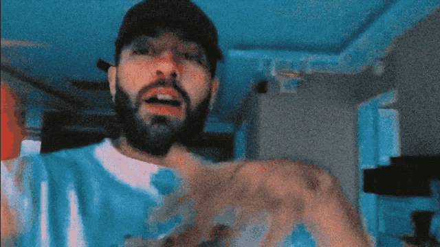 a man with a beard is wearing a blue shirt and a hat