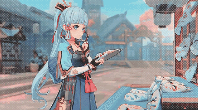 a girl with long blue hair is holding a tablet and a pen in her hand .