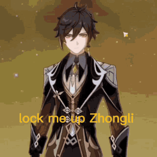 a cartoon character with the words lock me up zhongli written on it