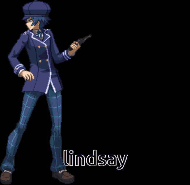 a pixel art of a man holding an umbrella with the name lindsay below him