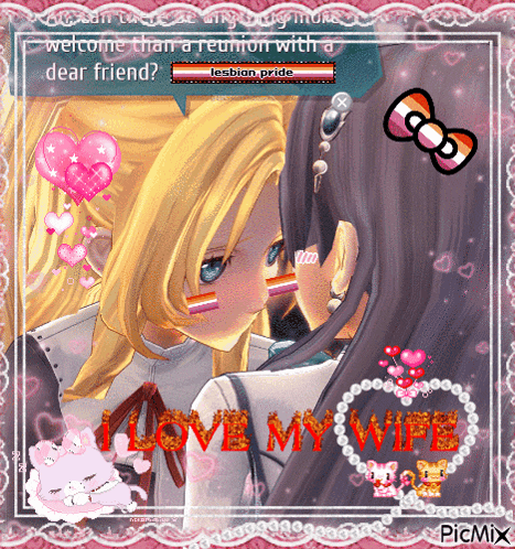 a picture of two girls kissing with the words " i love my wife " in red