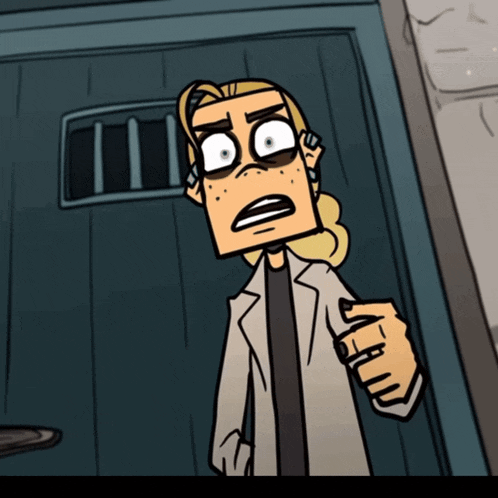 a cartoon character with a shocked look on his face is holding a hand up