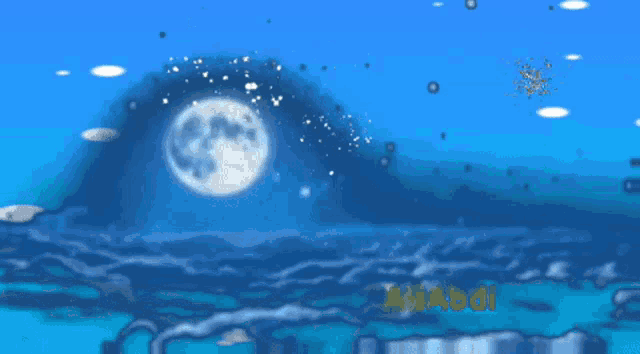 a cartoon drawing of a full moon in the sky