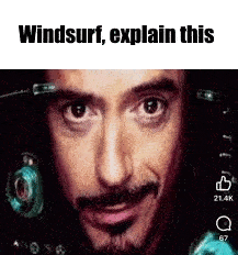 a close up of a man 's face with the words `` windsurf , explain this '' .