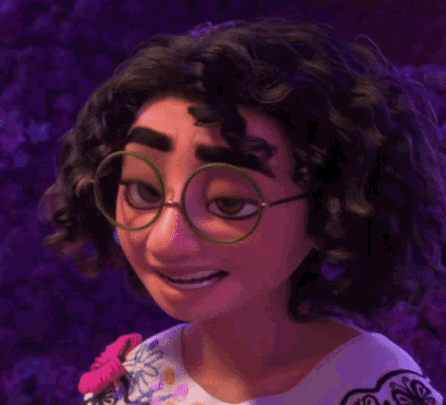 a close up of a cartoon character wearing glasses and blue earrings