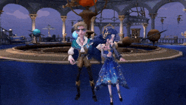 a man and a woman are dancing in a room with a fountain in the background