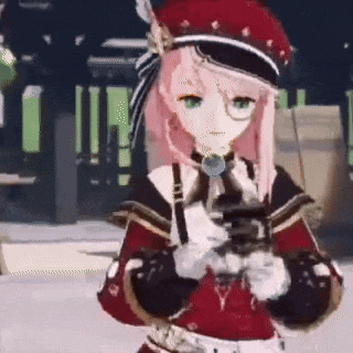 a girl with pink hair and green eyes is holding a gun in her hands .