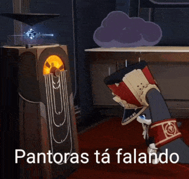a cartoon character with a hat on his head is standing in front of a machine that says pantoras ta falando