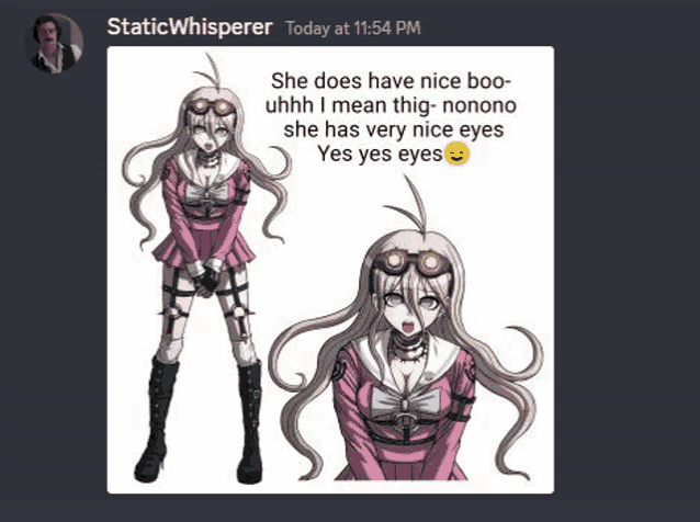 a screenshot of staticwhisperer 's discord chat with a picture of a girl in a pink dress and goggles .