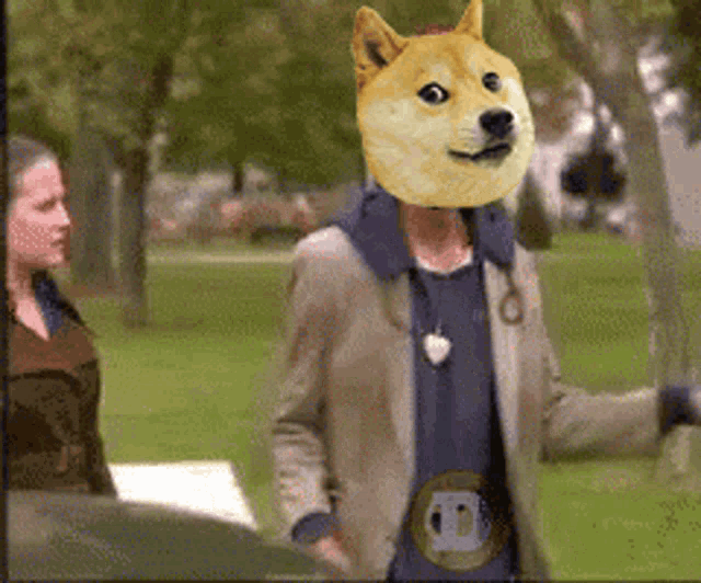 a man wearing a doge head and a doge belt