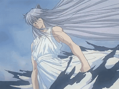 a man with long white hair and a wolf ear