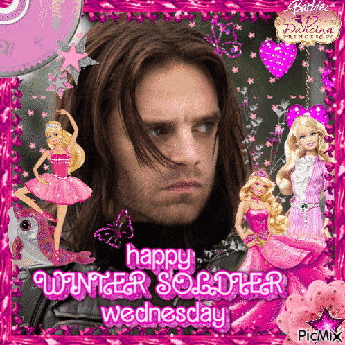 a picture of a man with barbie dolls and the words happy winter soldier wednesday on it