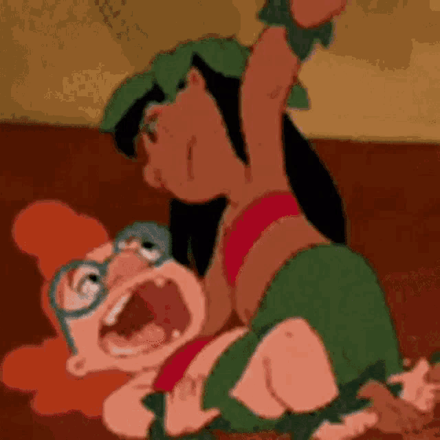 a couple of cartoon characters are fighting each other on the floor .