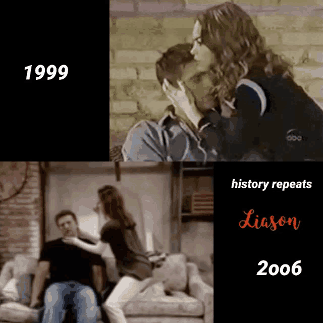 a poster showing a man and woman kissing in 1999 and liason 2006