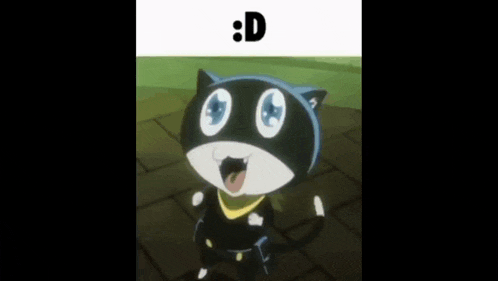 a cartoon cat with big blue eyes is standing on a sidewalk with its mouth open and the letter d above it .